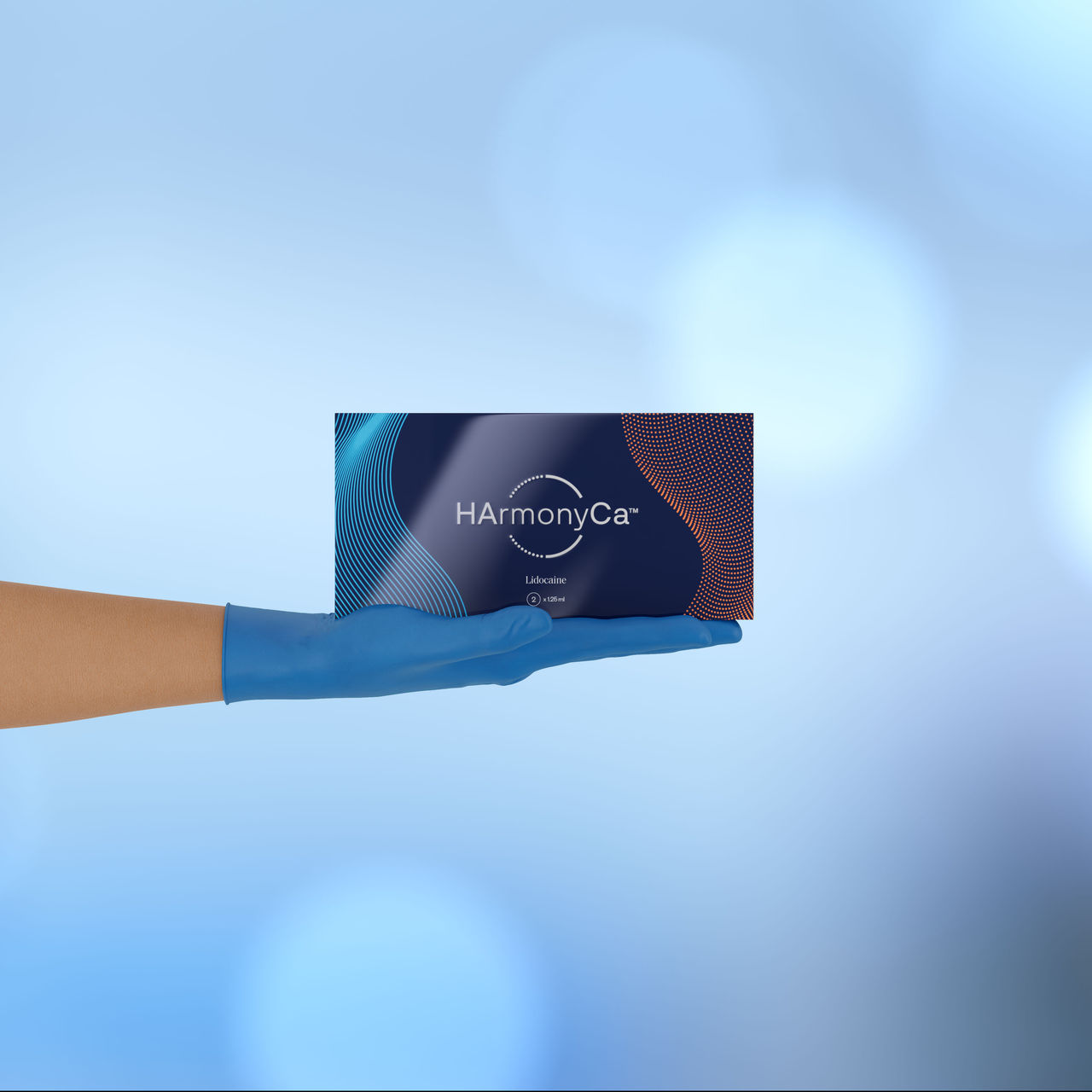 Hand with glove on holding product