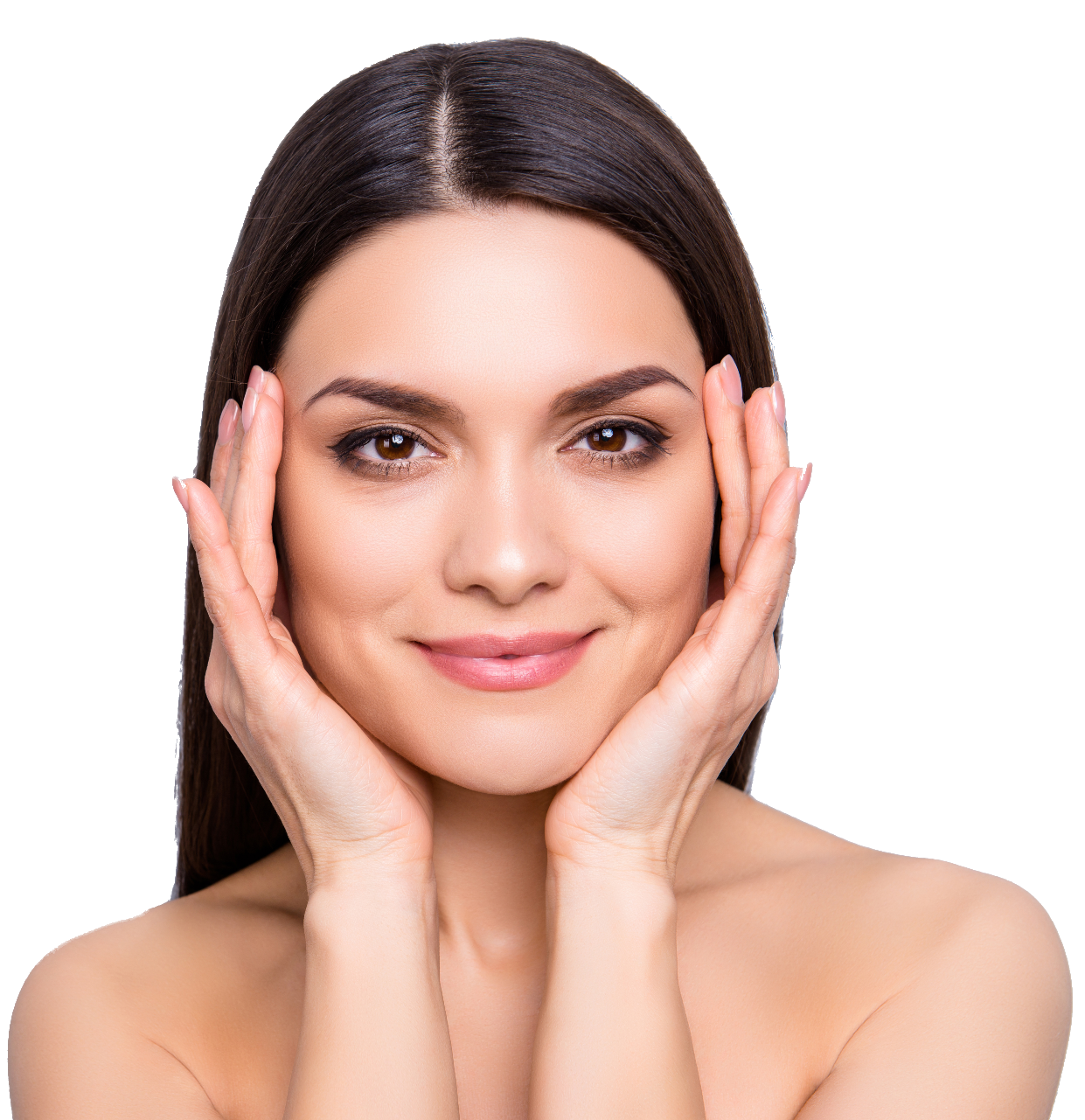 Woman holding face with hands